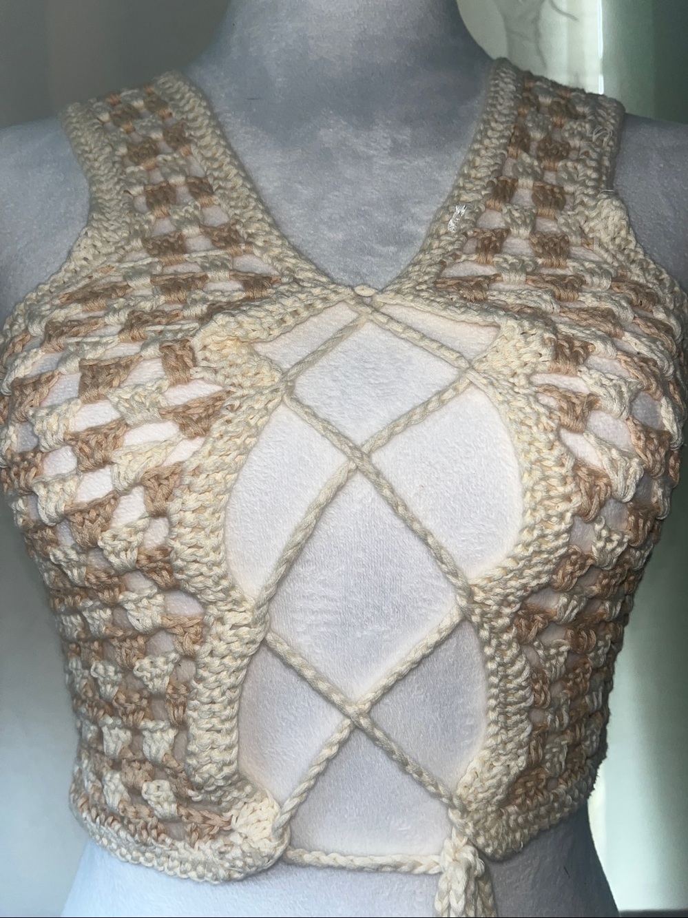 Handmade Crochet Lace-Up Crop Top in Cream and Tan